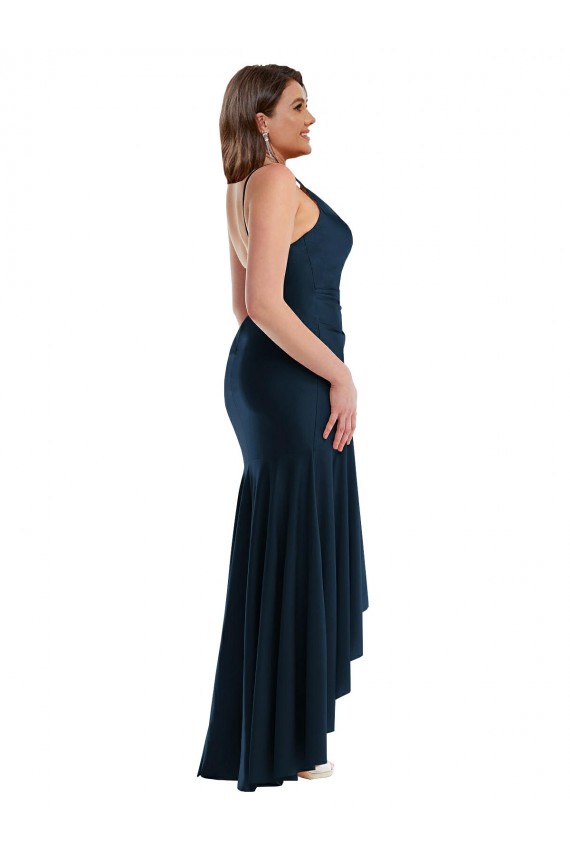 Blu marino scuro Stile sirena Sottili Raso Setoso Lunga Asimmetrico Formali Abiti da damigella donore / Abiti da sera / Abiti da ballo Outlet