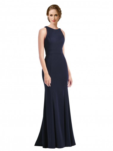 Blu marino scuro Tubino Scoop Alto Collo Crespo Elastico Lunga Abiti da damigella donore / Abiti da ballo Outlet