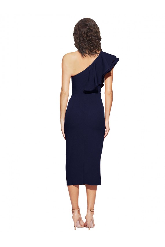 Blu marino scuro Tubino Una spalla Midi Crespo Elastico Corto Abiti da damigella donore / Abiti da sera / Abiti da cocktail Outlet