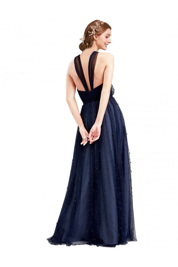 Blu navy 21 Linea A Capestro Tulle Lunga Abiti da damigella donore Outlet