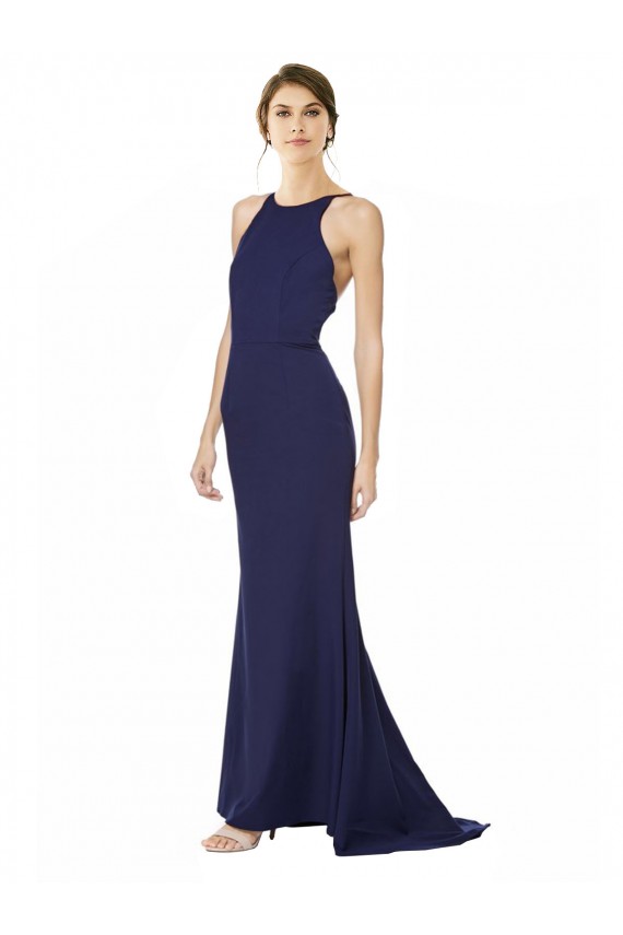 Blu navy Stile sirena Capestro Alto Collo Crespo Elastico Lunga Formali Abiti da damigella donore / Abiti da sera / Abiti da ballo Outlet