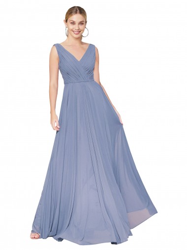 Blu polveroso Linea A Alto Collo Chiffona Lunga Formali Abiti da damigella donore / Abiti da sera / Abiti da ballo Outlet