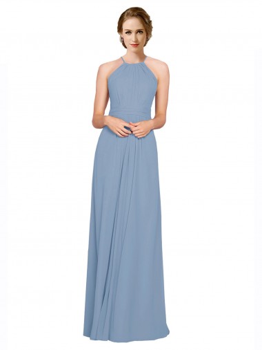 Blu polveroso Linea A Capestro Alto Collo Chiffona Lunga Abiti da damigella donore Outlet