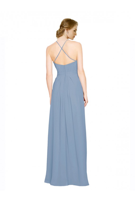 Blu polveroso Linea A Capestro Alto Collo Chiffona Lunga Abiti da damigella donore Outlet