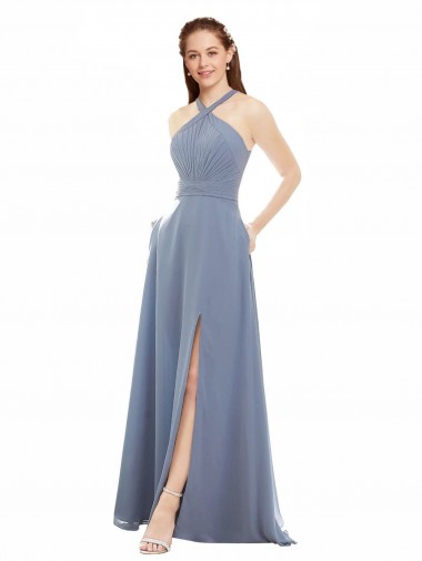 Blu polveroso Linea A Capestro Alto Collo Chiffona Lunga Abiti da damigella donore Outlet