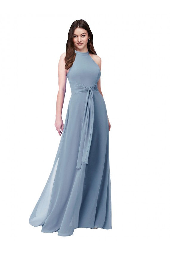 Blu polveroso Linea A Capestro Alto Collo Chiffona Lunga Abiti da damigella donore Outlet