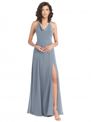 Blu polveroso Linea A Capestro Cappuccio Chiffona Lunga Abiti da damigella donore Outlet