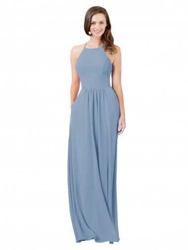 Blu polveroso Linea A Capestro Chiffona Lunga Abiti da damigella donore Outlet