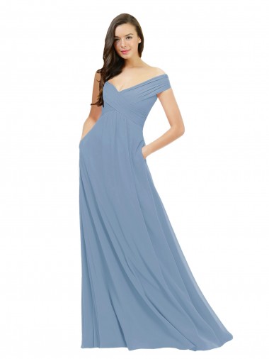 Blu polveroso Linea A Chiffona Lunga Abiti da damigella donore Outlet