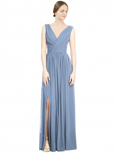 Blu polveroso Linea A Scollatura a V Chiffona Lunga Abiti da damigella donore Outlet