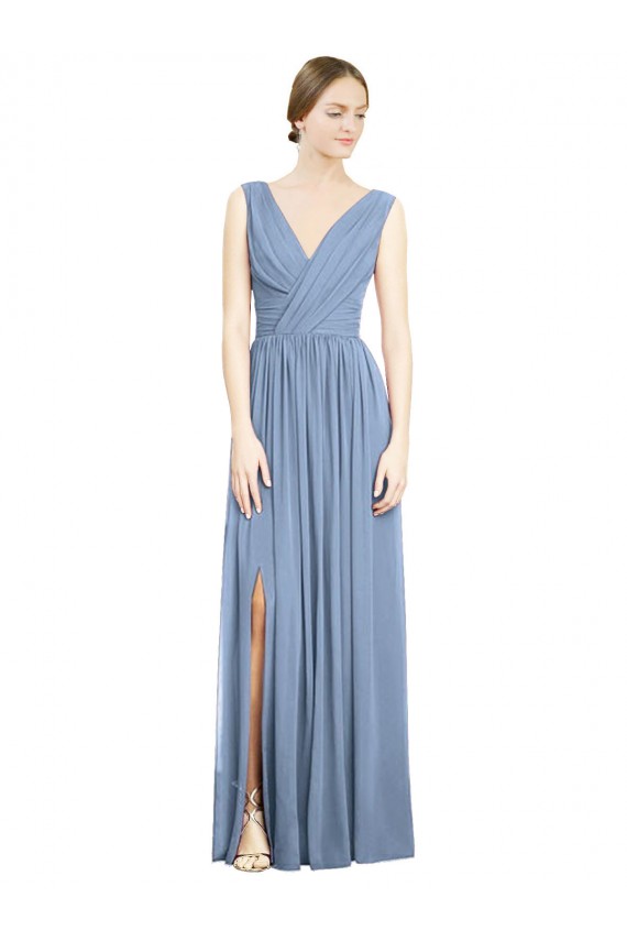 Blu polveroso Linea A Scollatura a V Chiffona Lunga Abiti da damigella donore Outlet