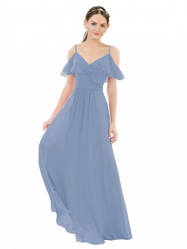 Blu polveroso Linea A Scollatura a V Chiffona Lunga Abiti da damigella donore Outlet