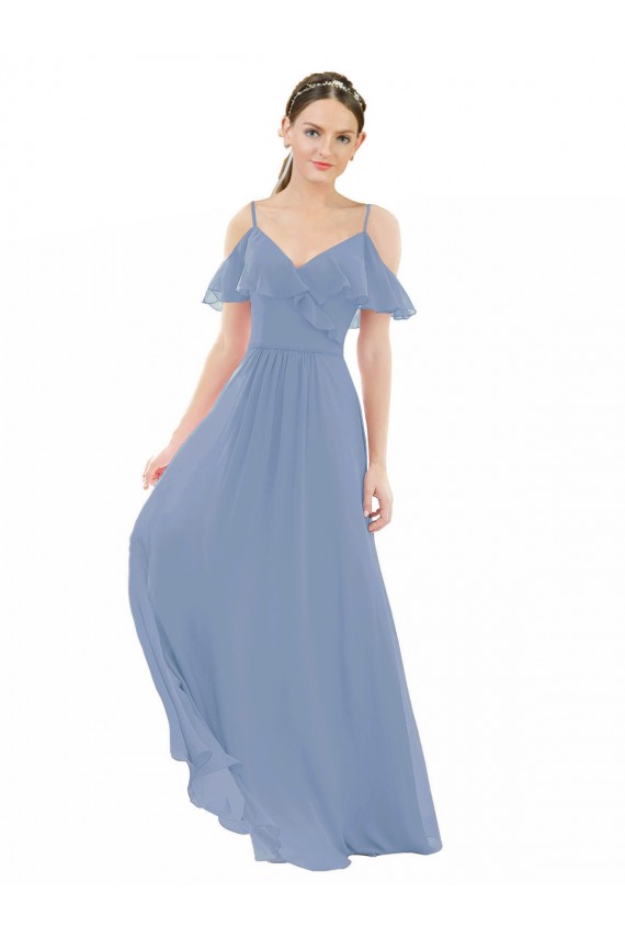 Blu polveroso Linea A Scollatura a V Chiffona Lunga Abiti da damigella donore Outlet
