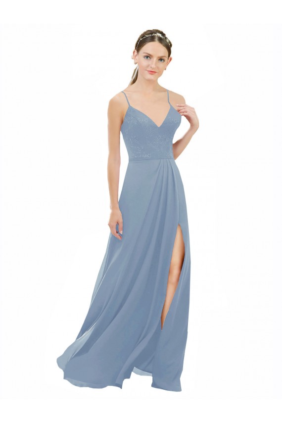 Blu polveroso Linea A Sottili Scollatura a V Chiffona Pizzo Lunga Abiti da damigella donore Outlet