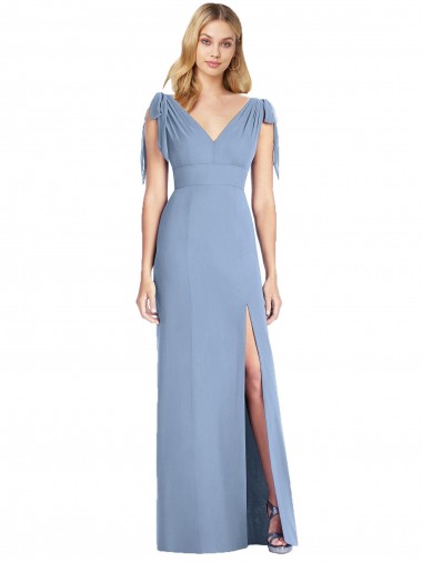 Blu polveroso Stile sirena Scollatura a V Chiffona Lunga Abiti da damigella donore Outlet