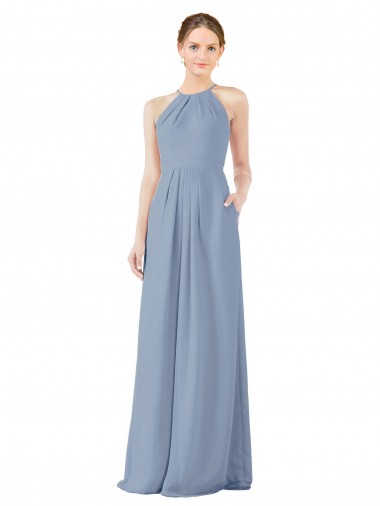 Blu polveroso Tubino Capestro Alto Collo Chiffona Lunga Abiti da damigella donore Outlet