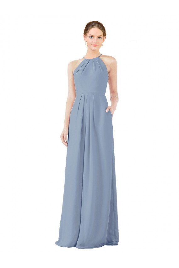 Blu polveroso Tubino Capestro Alto Collo Chiffona Lunga Abiti da damigella donore Outlet