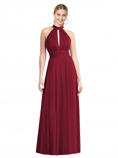 Borgogna Linea A Capestro Alto Collo Chiffona Lunga Abiti da damigella donore Outlet