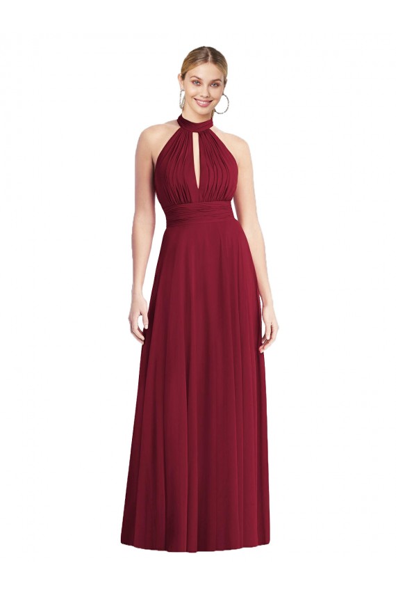 Borgogna Linea A Capestro Alto Collo Chiffona Lunga Abiti da damigella donore Outlet
