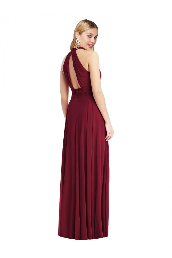 Borgogna Linea A Capestro Alto Collo Chiffona Lunga Abiti da damigella donore Outlet