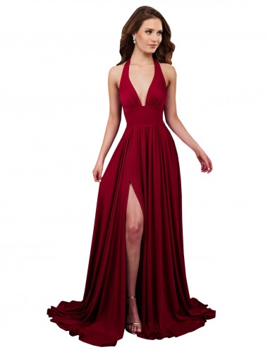 Borgogna Linea A Capestro Scollatura a V Spandex Lunga Formali Abiti da damigella donore / Abiti da sera / Abiti da ballo Outlet