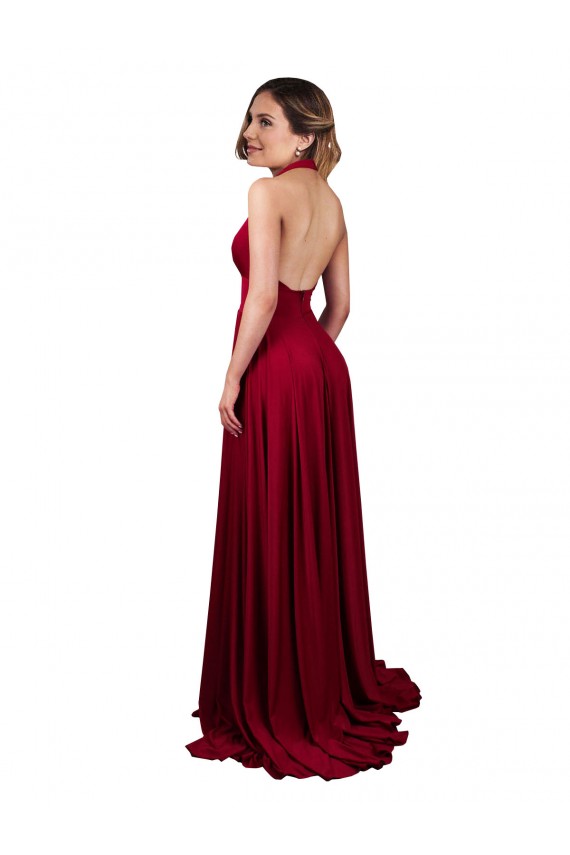 Borgogna Linea A Capestro Scollatura a V Spandex Lunga Formali Abiti da damigella donore / Abiti da sera / Abiti da ballo Outlet