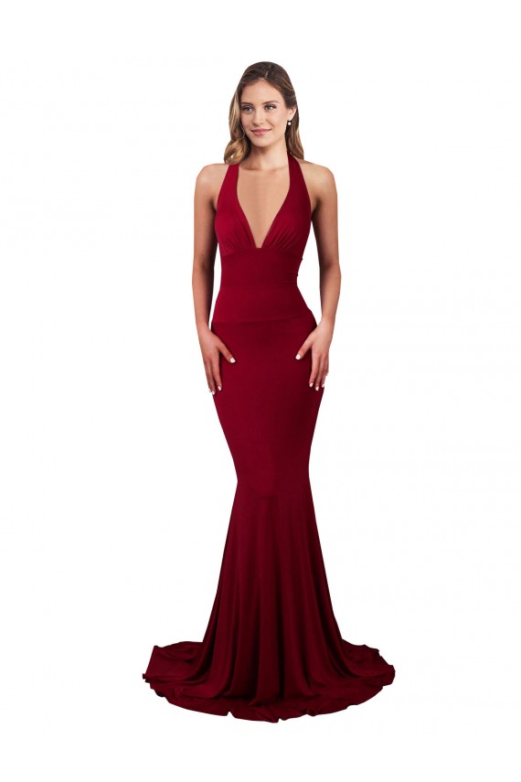 Borgogna Stile sirena Capestro Scollatura a V Spandex Lunga Formali Abiti da damigella donore / Abiti da sera / Abiti da ballo Outlet
