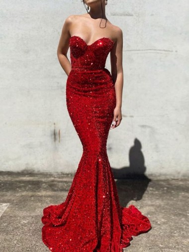 Borgogna Stile sirena Innamorato Paillettes Velluto Lunga Abiti da ballo Outlet