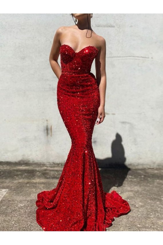 Borgogna Stile sirena Innamorato Paillettes Velluto Lunga Abiti da ballo Outlet