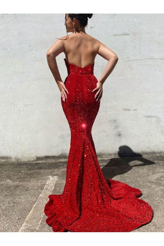 Borgogna Stile sirena Innamorato Paillettes Velluto Lunga Abiti da ballo Outlet
