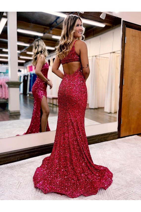 Borgogna Stile sirena Una spalla Sweep treno Paillettes Velluto Lunga Abiti da ballo Outlet