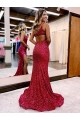 Borgogna Stile sirena Una spalla Sweep treno Paillettes Velluto Lunga Abiti da ballo Outlet