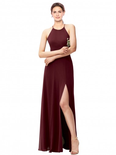 Borgogna scuro Linea A Capestro Alto Collo Chiffona Lunga Abiti da damigella donore Outlet