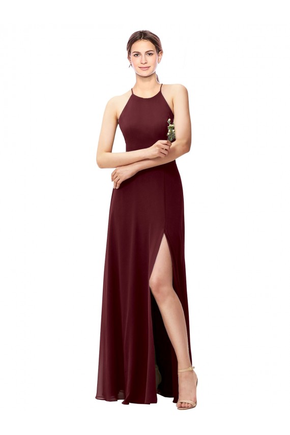 Borgogna scuro Linea A Capestro Alto Collo Chiffona Lunga Abiti da damigella donore Outlet