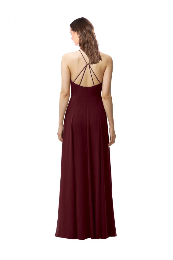 Borgogna scuro Linea A Capestro Alto Collo Chiffona Lunga Abiti da damigella donore Outlet