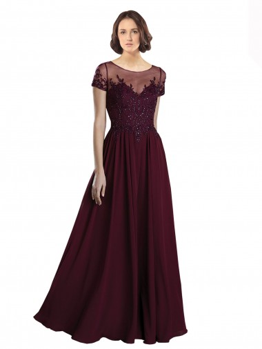 Borgogna scuro Linea A Collo Gioiello Tulle Chiffona Lunga Abiti da damigella donore Outlet