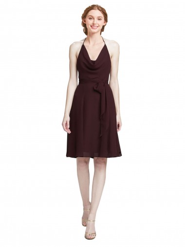 Borgogna scuro Linea A Sottili Capestro Al ginocchio Chiffona Corto Abiti da damigella donore / Abiti da cocktail Outlet