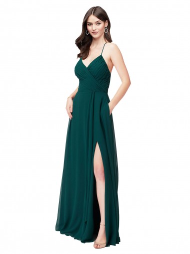Cacciatore verde Linea A Scollatura a V Chiffona Lunga Abiti da damigella donore Outlet