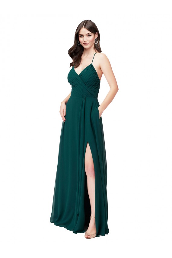Cacciatore verde Linea A Scollatura a V Chiffona Lunga Abiti da damigella donore Outlet