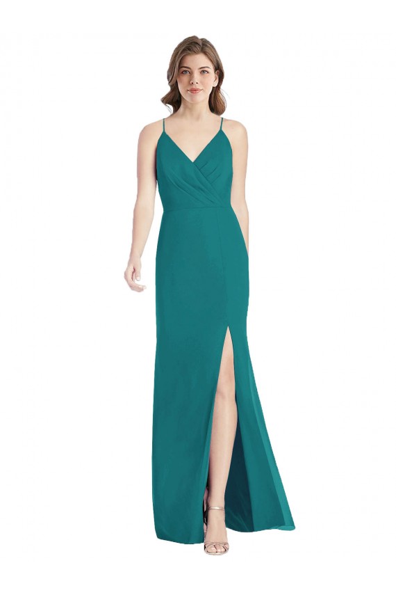 Cacciatore verde Stile sirena Sottili Scollatura a V Chiffona Lunga Abiti da damigella donore Outlet