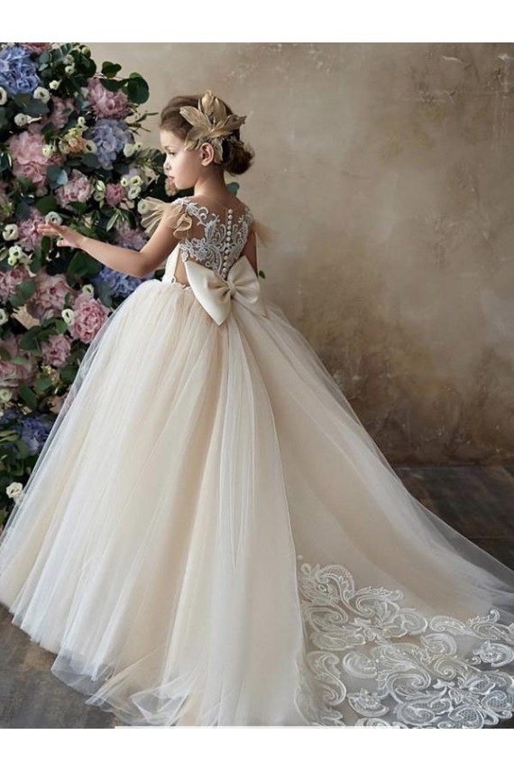 Champagne Abito da ballo Innamorato Tulle Pizzo Lunga Abiti da ragazza di fiori Outlet