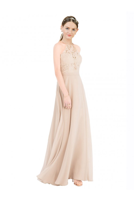 Champagne Linea A Capestro Alto Collo Chiffona Pizzo Lunga Abiti da damigella donore / Abiti da ballo Outlet