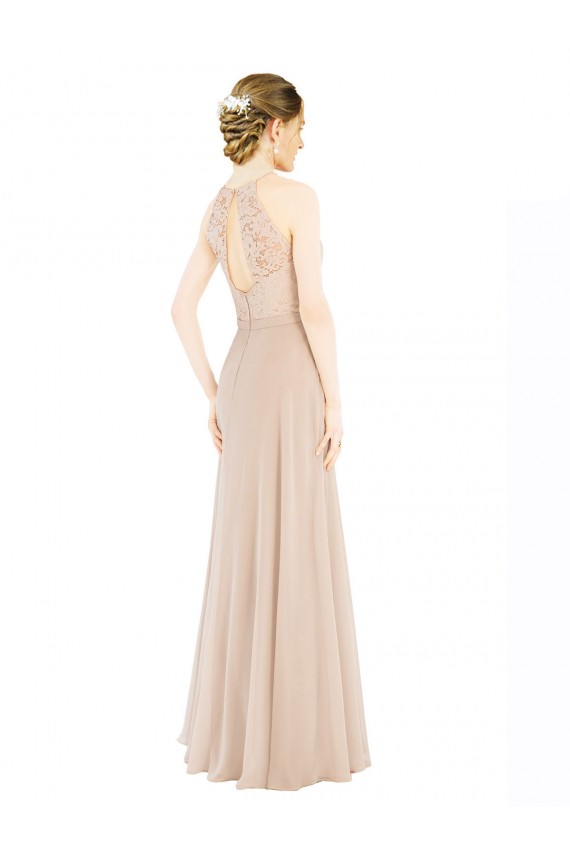 Champagne Linea A Capestro Alto Collo Chiffona Pizzo Lunga Abiti da damigella donore / Abiti da ballo Outlet