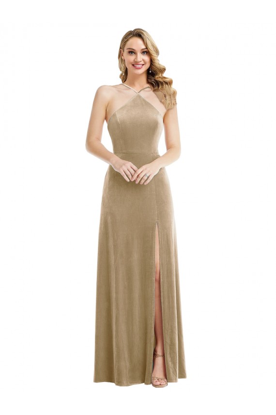Champagne Linea A Capestro Alto Collo Velluto Elastico Lunga Abiti da damigella donore / Abiti da ballo Outlet
