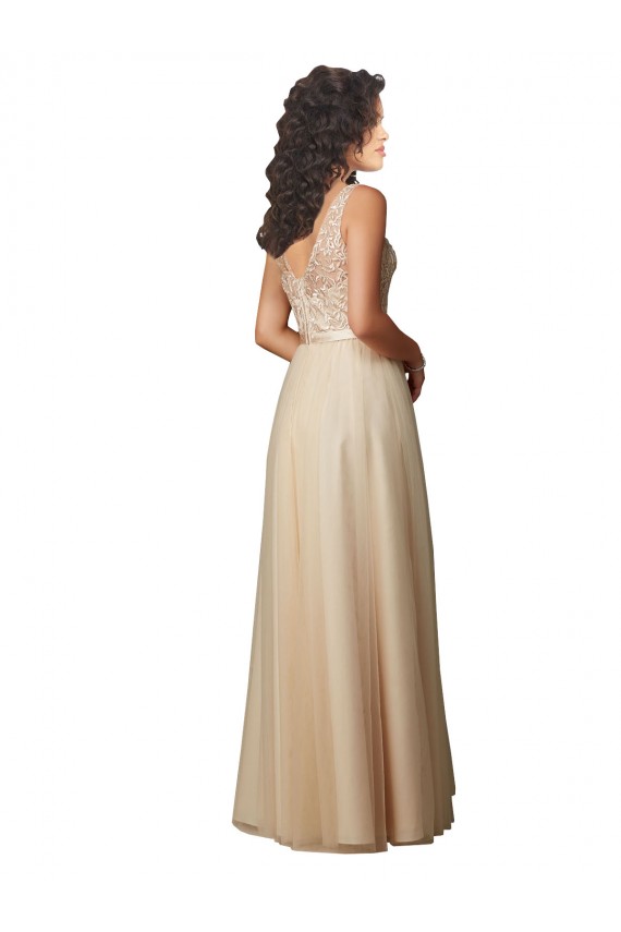Champagne Linea A Scollatura a V Tulle Pizzo Lunga Abiti da damigella donore Outlet