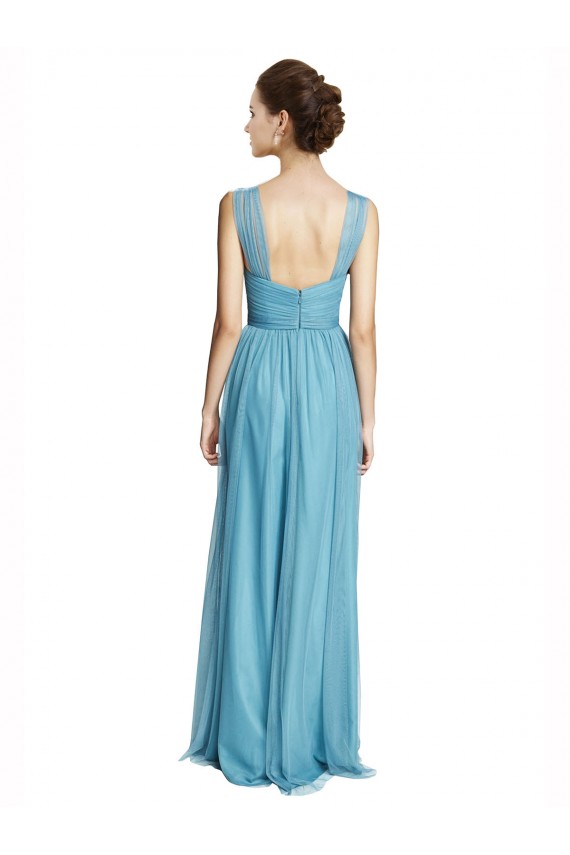 Cielo blu Linea A Sottili Capestro Scollatura a V Tulle Lunga Abiti da damigella donore Outlet