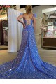 Colore Mostrato Linea A Scollatura a V Paillettes Velluto Lunga Abiti da ballo Outlet