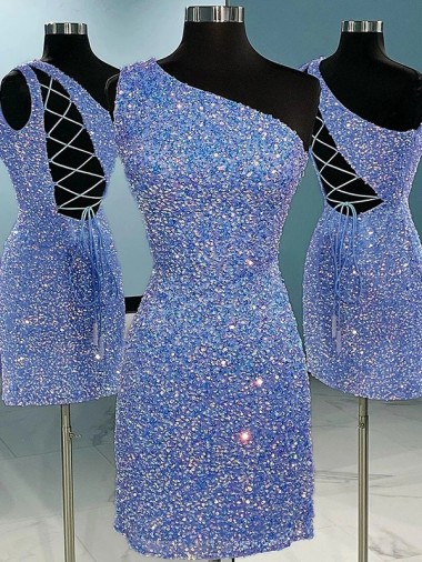 Colore Mostrato Tubino Una spalla Corto Paillettes Velluto Corto Abiti da ballo Outlet