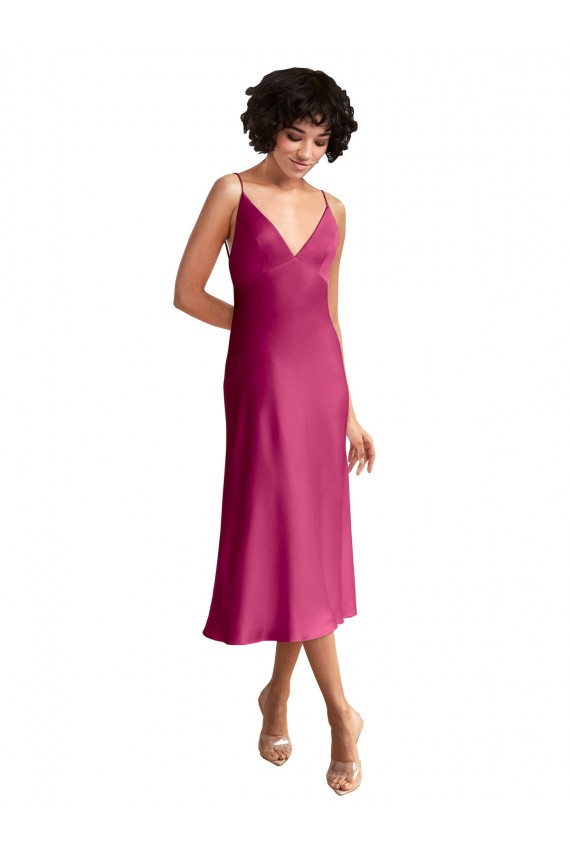 Fucsia Linea A Scollatura a V Midi Raso Elastico Corto Abiti da damigella donore / Abiti da sera / Abiti da cocktail Outlet