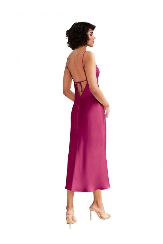 Fucsia Linea A Scollatura a V Midi Raso Elastico Corto Abiti da damigella donore / Abiti da sera / Abiti da cocktail Outlet